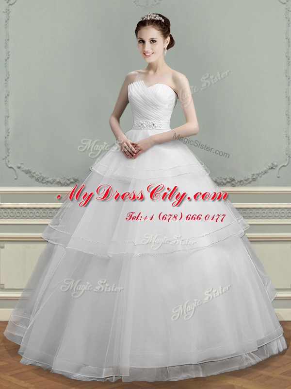 White Tulle Lace Up Wedding Dresses Sleeveless Floor Length Beading and Ruching