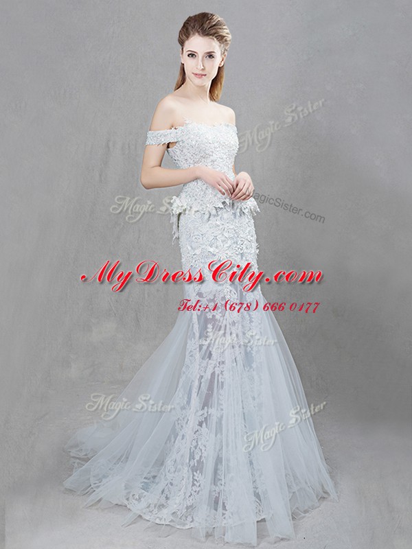 Sophisticated Mermaid Off the Shoulder Sleeveless Brush Train Lace Up With Train Lace and Appliques Wedding Gowns