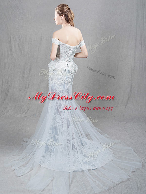 Sophisticated Mermaid Off the Shoulder Sleeveless Brush Train Lace Up With Train Lace and Appliques Wedding Gowns