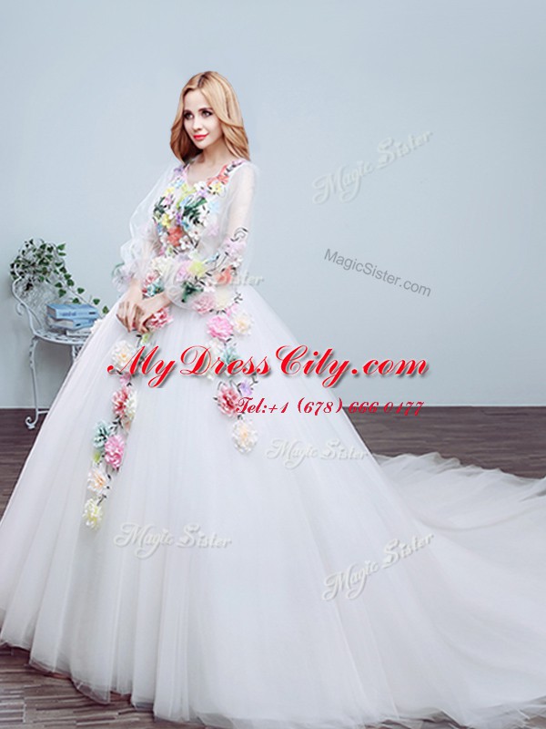 Romantic With Train A-line Long Sleeves White Wedding Dresses Court Train Lace Up