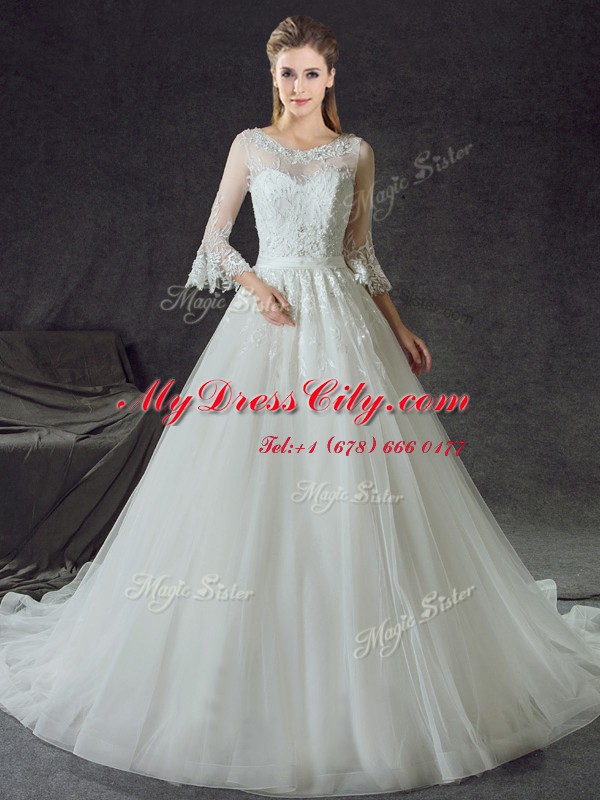 Sumptuous Scoop With Train Zipper Wedding Gowns White for Wedding Party with Lace Court Train