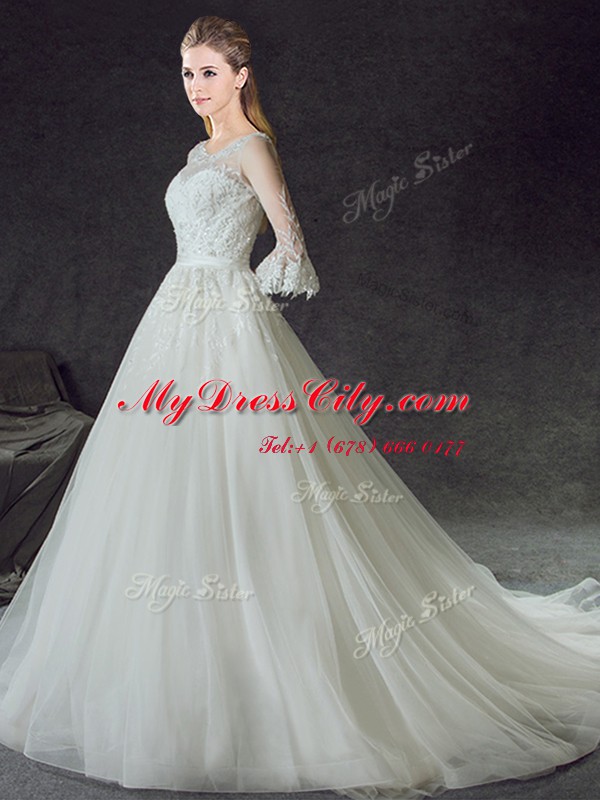 Sumptuous Scoop With Train Zipper Wedding Gowns White for Wedding Party with Lace Court Train