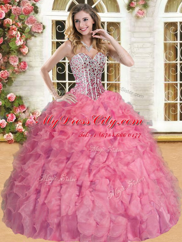 Floor Length Ball Gowns Sleeveless Watermelon Red Quinceanera Gowns Lace Up
