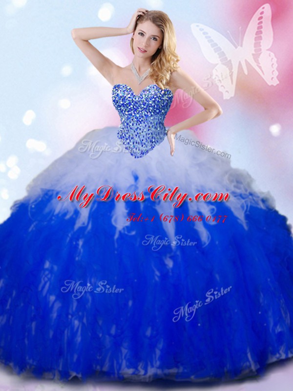 Flirting Blue And White Ball Gowns Beading and Ruffles Sweet 16 Dress Lace Up Tulle Sleeveless Floor Length