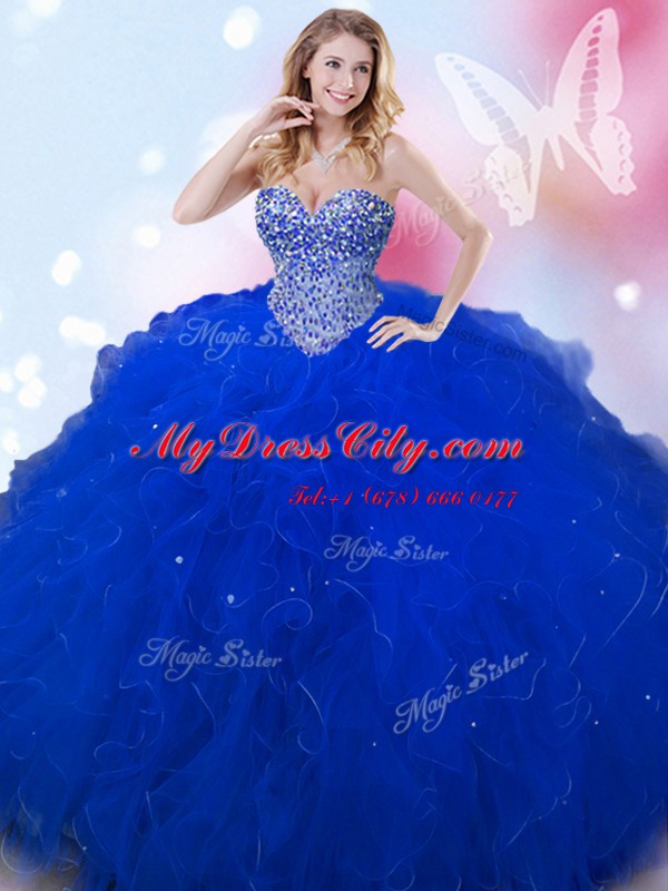 Flare Sleeveless Floor Length Beading Lace Up Quince Ball Gowns with Royal Blue