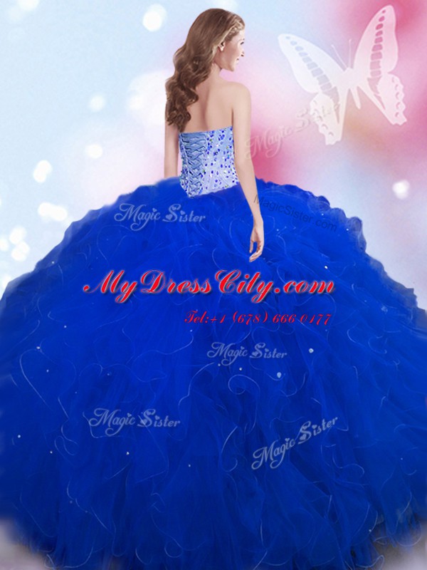 Flare Sleeveless Floor Length Beading Lace Up Quince Ball Gowns with Royal Blue