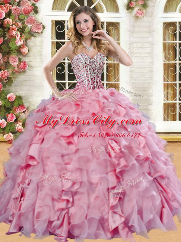 Flirting Sleeveless Organza and Taffeta Floor Length Lace Up Vestidos de Quinceanera in Pink with Beading and Ruffles