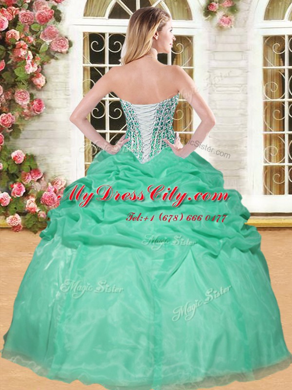 Floor Length Lace Up Quinceanera Gowns Coral Red for Military Ball and Sweet 16 and Quinceanera with Beading and Pick Ups