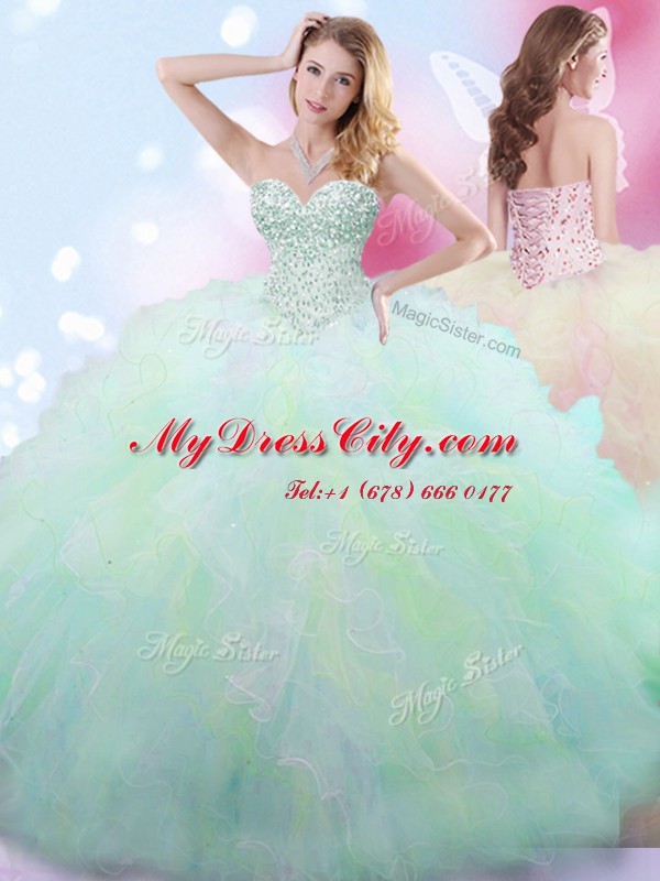 Great Sweetheart Sleeveless Quince Ball Gowns Floor Length Beading Multi-color Tulle