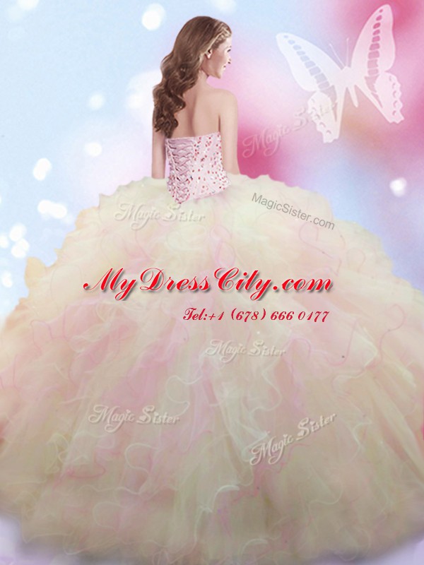 Great Sweetheart Sleeveless Quince Ball Gowns Floor Length Beading Multi-color Tulle