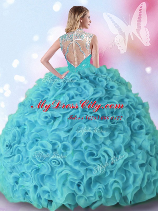 Fabulous High-neck Sleeveless Zipper 15th Birthday Dress Aqua Blue Organza