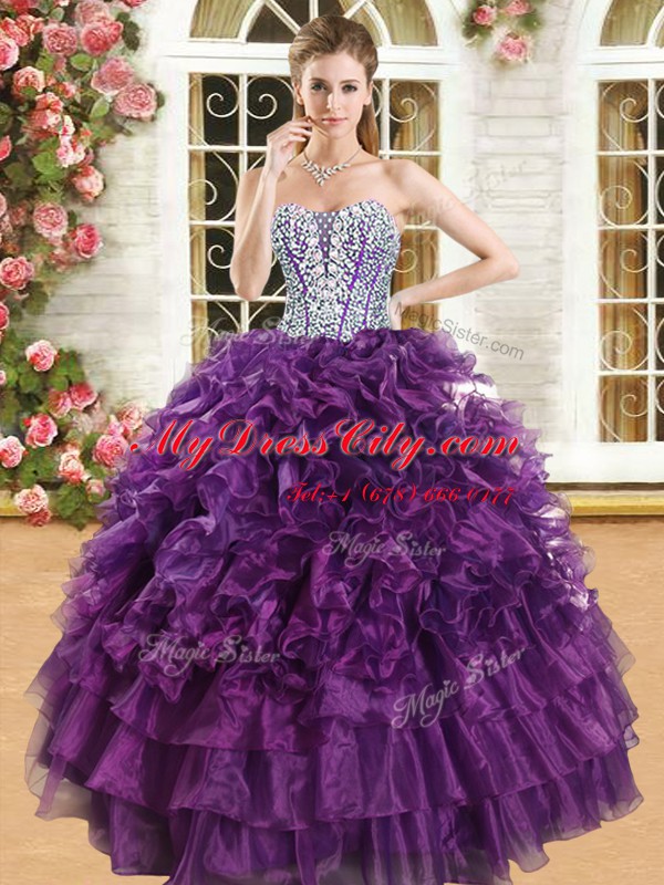 Fashion Purple Sweetheart Neckline Beading and Ruffles and Ruffled Layers Vestidos de Quinceanera Sleeveless Lace Up