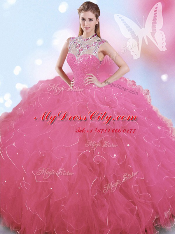 Most Popular Rose Pink 15th Birthday Dress Military Ball and Sweet 16 and Quinceanera and For with Beading High-neck Sleeveless Zipper