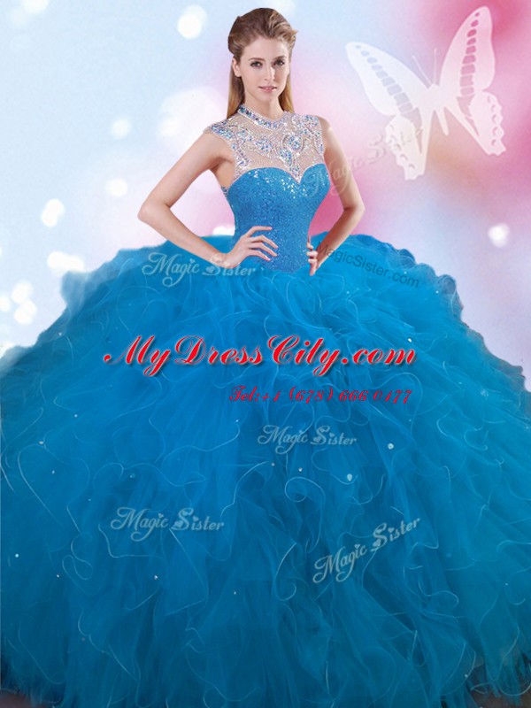 Floor Length Blue Quinceanera Gown Tulle Sleeveless Beading