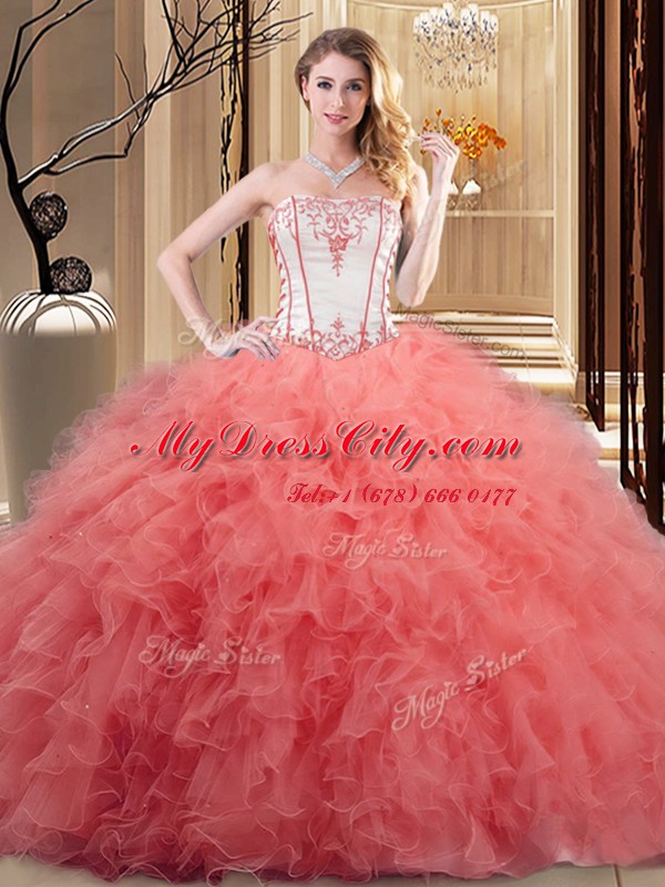 Fashionable Watermelon Red and Orange Sleeveless Embroidery and Ruffled Layers Floor Length Vestidos de Quinceanera