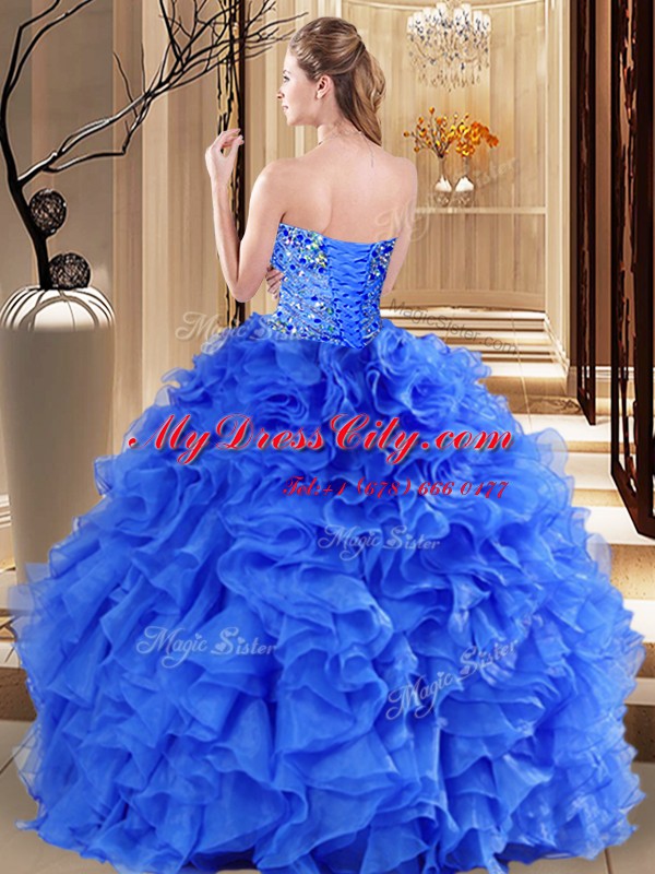 Glorious Aqua Blue and Turquoise Organza Lace Up Sweetheart Sleeveless Floor Length Quinceanera Dress Beading and Ruffles