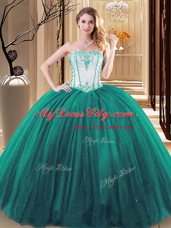 Fantastic Sleeveless Tulle and Sequined Floor Length Lace Up Sweet 16 Dresses in Green with Embroidery