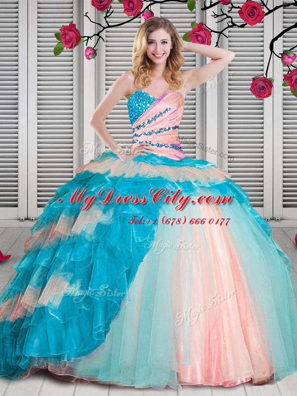 Enchanting Multi-color Sleeveless Beading and Ruching Floor Length Quinceanera Gown