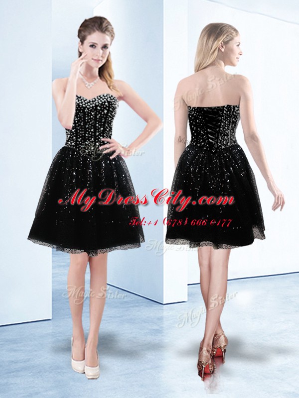 Sequins A-line Prom Dress Black Sweetheart Tulle Sleeveless Knee Length Lace Up
