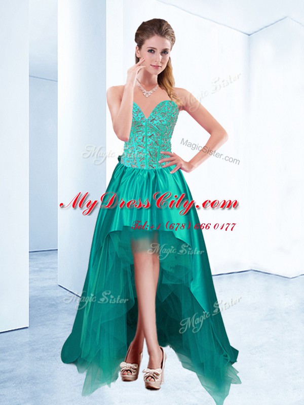Fashion Turquoise A-line Sweetheart Sleeveless Taffeta High Low Lace Up Beading Prom Homecoming Dress