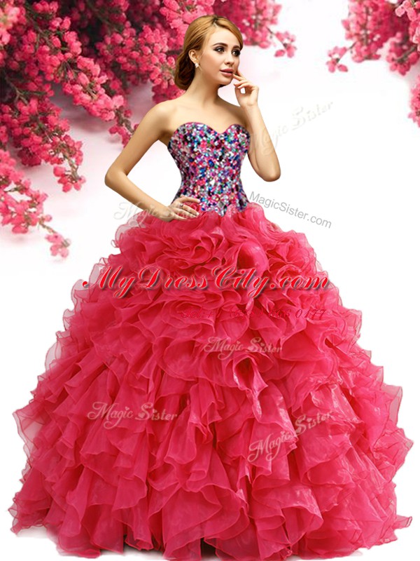 Ideal Red Lace Up Sweetheart Beading and Ruffles Sweet 16 Quinceanera Dress Organza Sleeveless