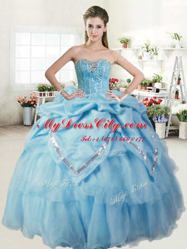 Glamorous Baby Blue Ball Gowns Organza and Taffeta Sweetheart Sleeveless Beading and Pick Ups Floor Length Lace Up Ball Gown Prom Dress