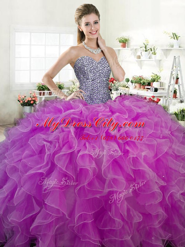 Sleeveless Organza Floor Length Lace Up Sweet 16 Dresses in Fuchsia with Beading and Ruffles