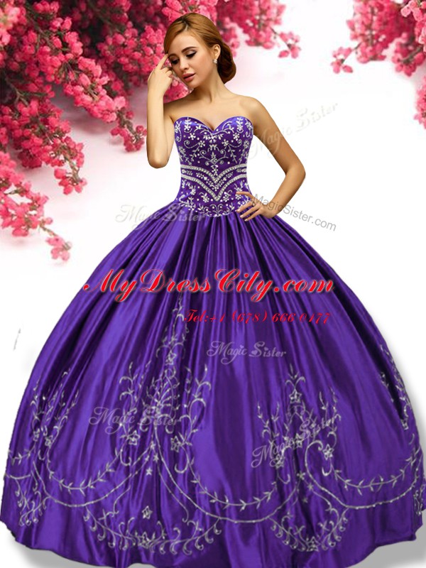 Simple Sleeveless Floor Length Embroidery Lace Up Quinceanera Dresses with Purple