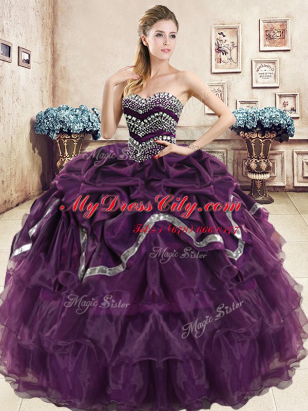 Flirting Sleeveless Floor Length Beading and Ruffled Layers and Pick Ups Lace Up Sweet 16 Dress with Purple