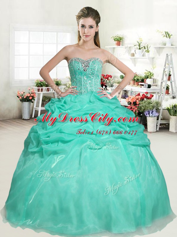 Designer Organza Sweetheart Sleeveless Lace Up Beading and Pick Ups Sweet 16 Quinceanera Dress in Apple Green