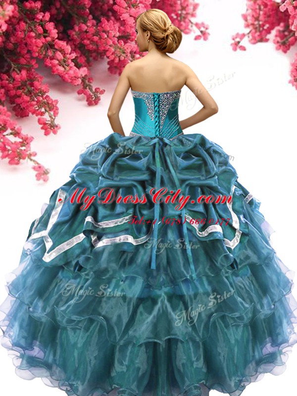 Sweetheart Sleeveless Ball Gown Prom Dress Floor Length Beading and Ruffles and Pick Ups Teal Organza and Taffeta
