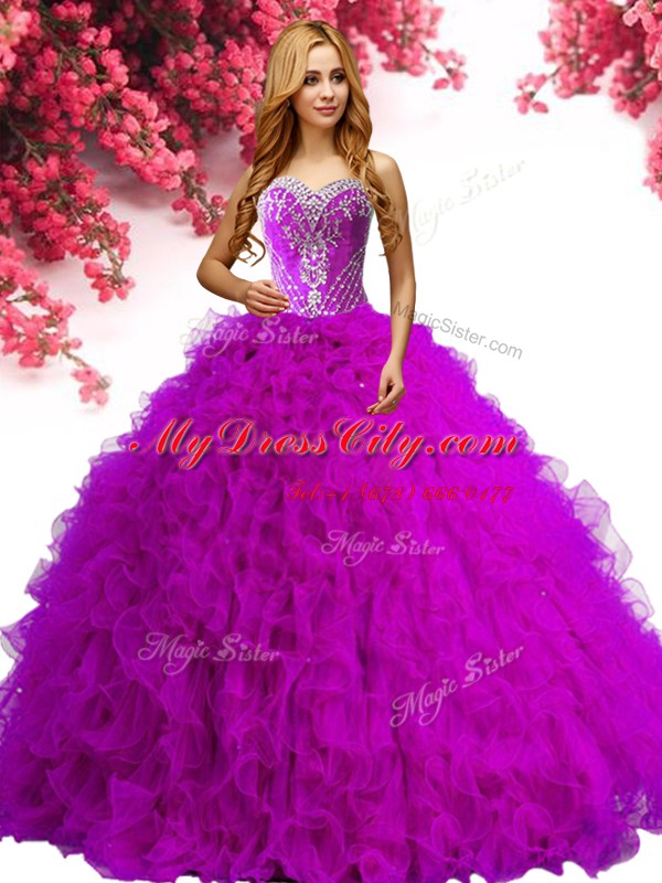 High Class Fuchsia Ball Gown Prom Dress Military Ball and Sweet 16 and Quinceanera and For with Beading and Ruffles Sweetheart Sleeveless Lace Up