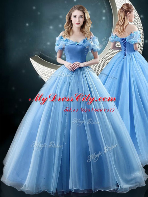 Delicate Baby Blue 15 Quinceanera Dress Military Ball and Sweet 16 and Quinceanera and For with Appliques Off The Shoulder Sleeveless Brush Train Lace Up
