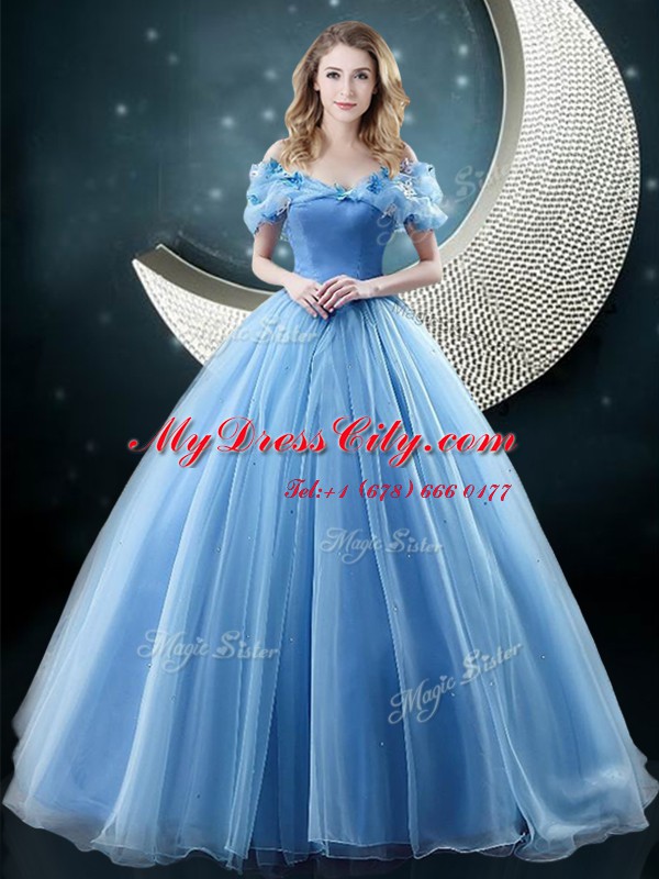 Delicate Baby Blue 15 Quinceanera Dress Military Ball and Sweet 16 and Quinceanera and For with Appliques Off The Shoulder Sleeveless Brush Train Lace Up
