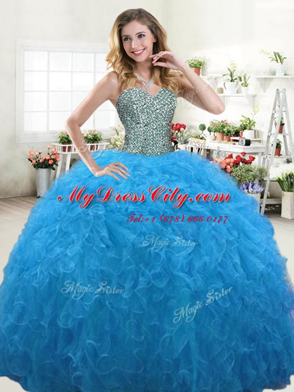 Wonderful Baby Blue Ball Gowns Sweetheart Sleeveless Tulle Floor Length Lace Up Beading and Ruffles Quinceanera Gowns