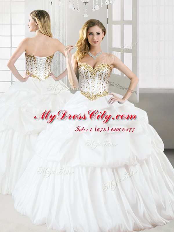Glamorous Pick Ups Ball Gowns Quinceanera Dress White Sweetheart Taffeta Sleeveless Floor Length Lace Up