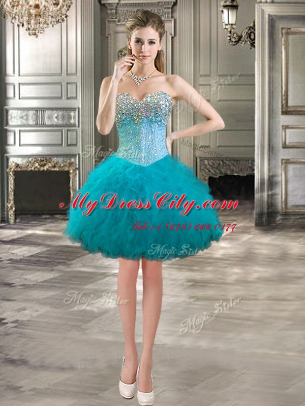 Cute Teal Ball Gowns Sweetheart Sleeveless Tulle Mini Length Lace Up Beading and Ruffles Homecoming Dress