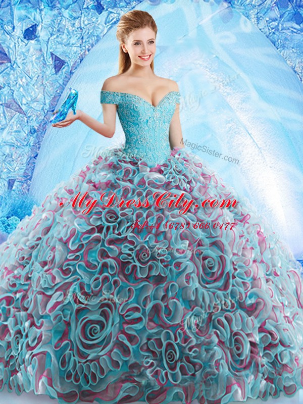 Low Price Off the Shoulder Multi-color Fabric With Rolling Flowers Backless Quinceanera Gown Sleeveless Court Train Beading and Appliques and Ruffles