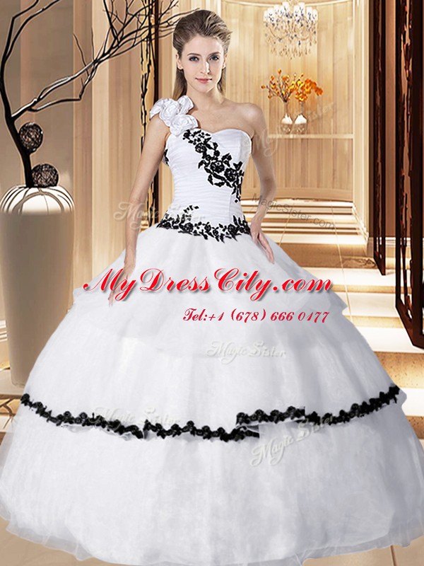 White One Shoulder Lace Up Appliques and Hand Made Flower Sweet 16 Dress Sleeveless