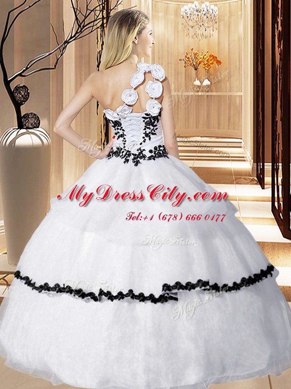 White One Shoulder Lace Up Appliques and Hand Made Flower Sweet 16 Dress Sleeveless
