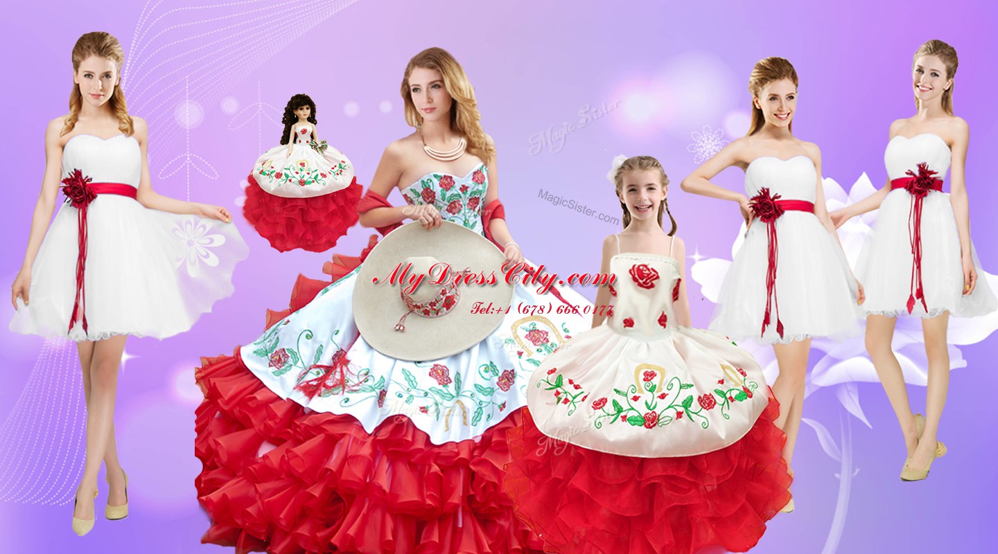 Nice White And Red Ball Gowns Sweetheart Sleeveless Organza Floor Length Lace Up Embroidery and Ruffles Quinceanera Gowns