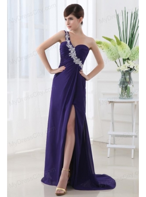 Empire Prom Dress with Ruchings and Beading One Shoulder High Spilt Purple