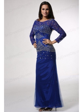 Royal Blue Column Scoop Beaded Prom Dress with Long Sleeves