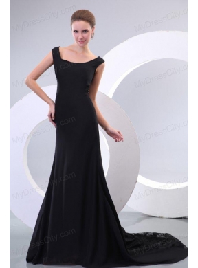 Scoop Black Chiffon and Lace Court Train Prom Dress for Evening Party