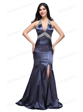 Column Halter Top Beading Navy Blue Taffeta High Slit Prom Dress