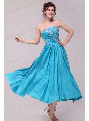 Elegant Aqua Blue A-Line Strapless Taffeta Beading Ankle -length Prom Dress