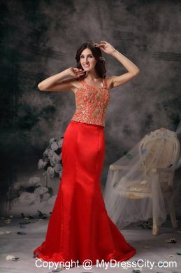 Mermaid Brush Train Straps Appliqued Pick Ups Red Prom Evening Dress
