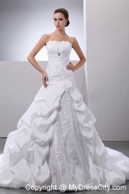 A-line Ruched Wedding Gown with Appliques and Pick-Ups
