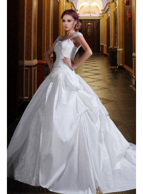 Puffy 2015 Wide Straps Wedding Dress with Appliques and Ruffles