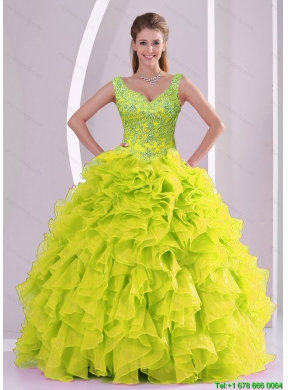 Trendy and Best Beading and Ruffles Yellow Green Quince Dresses for 2015